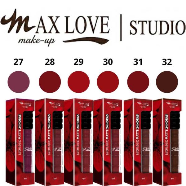 batom matte líquido Max Love 24 horas em tons vinho, vermelho, rosa e nude com 51% de desconto
