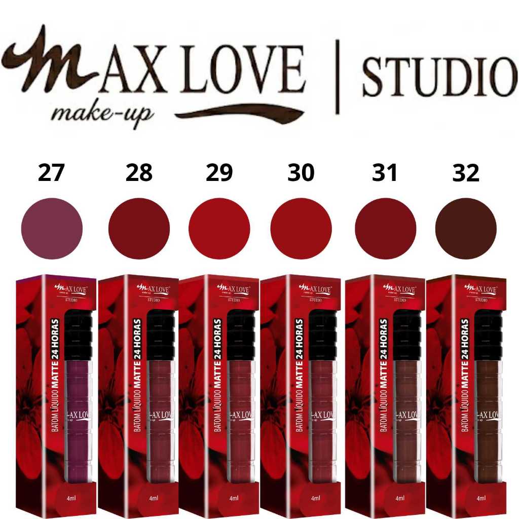 batom matte líquido Max Love 24 horas em tons vinho, vermelho, rosa e nude com 51% de desconto