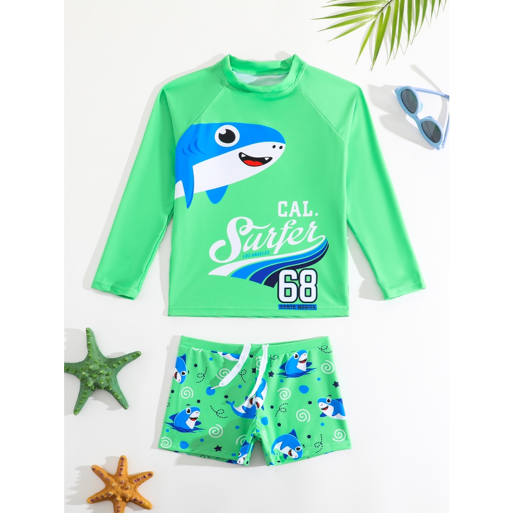 Bermuda masculina infantil com conjunto de praia tubarão camisa manga longa e short