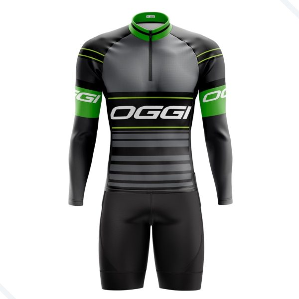 Bermuda masculina do conjunto de ciclismo Oggi cinza com bolsos e camisa manga longa UV50+