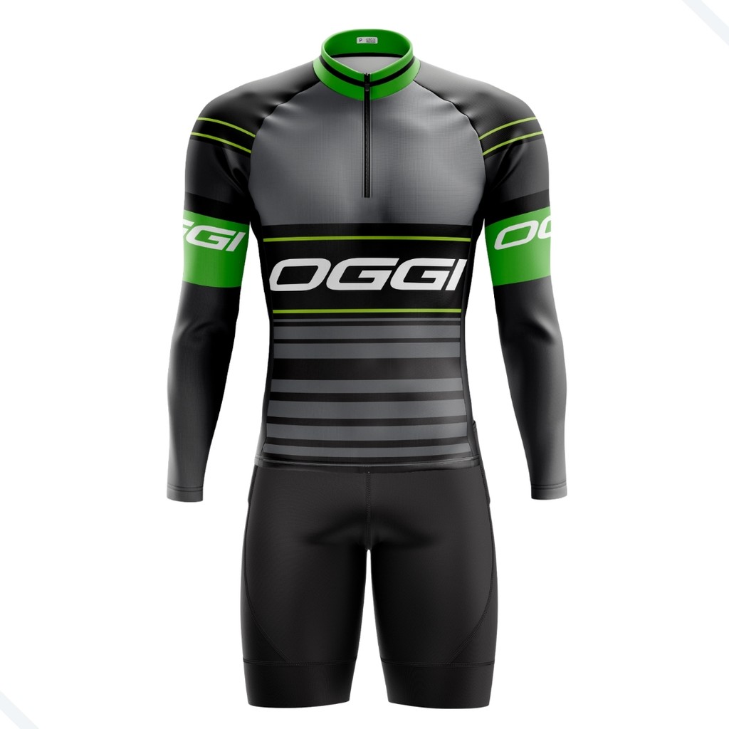 Bermuda masculina do conjunto de ciclismo Oggi cinza com bolsos e camisa manga longa UV50+