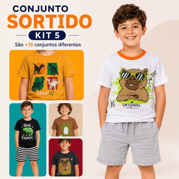 Bermuda masculina em kit com 5 conjuntos infantil de camiseta e shorts para menino