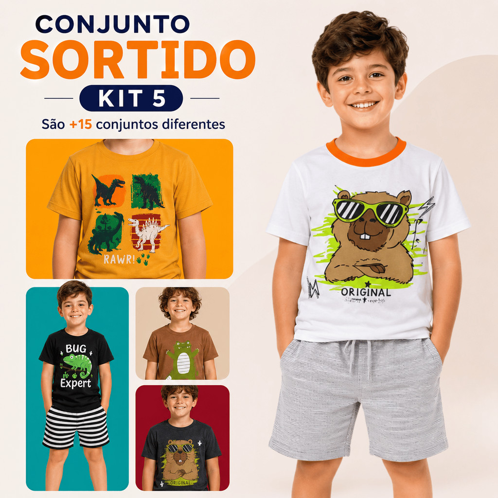 Bermuda masculina em kit com 5 conjuntos infantil de camiseta e shorts para menino