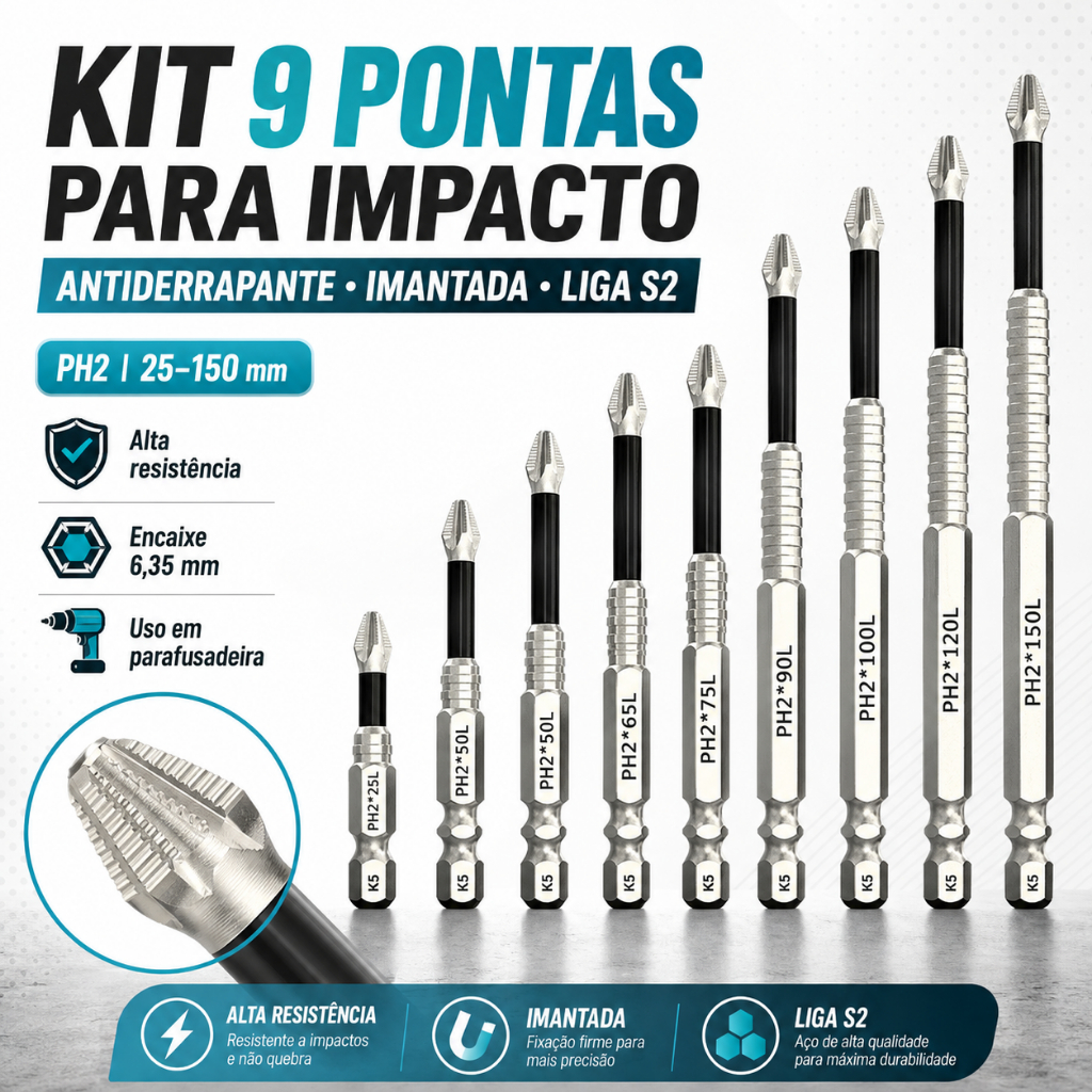 bits ph2 philips magnéticos antiderrapantes em liga S2 para parafusadeira de impacto kit 9/6 peças