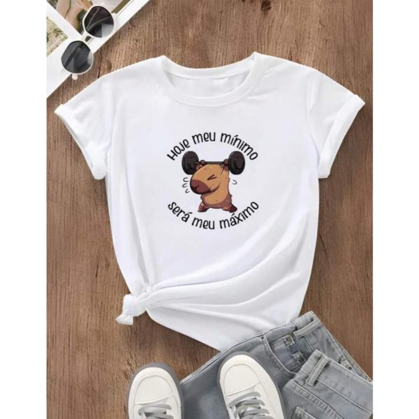 blusa feminina 100% algodão estampa capivara meu mínimo para academia
