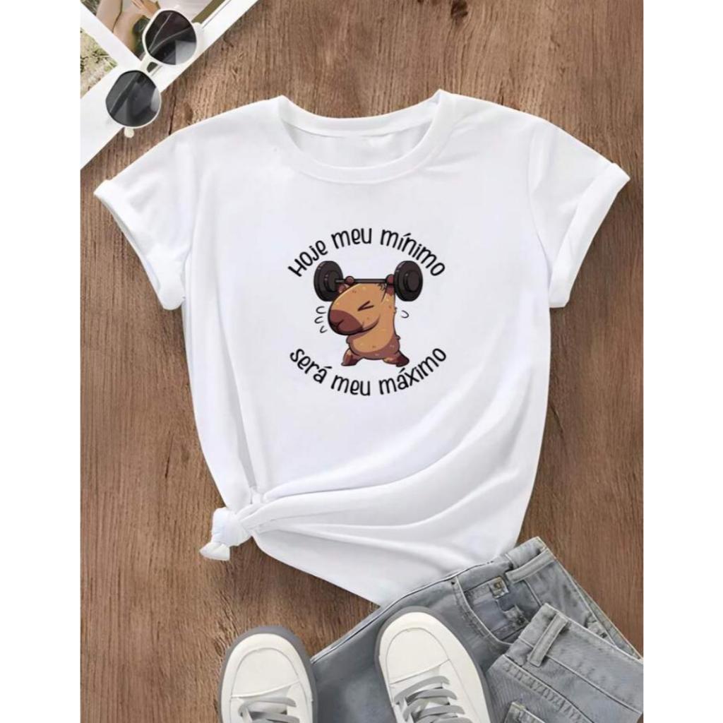 blusa feminina 100% algodão estampa capivara meu mínimo para academia