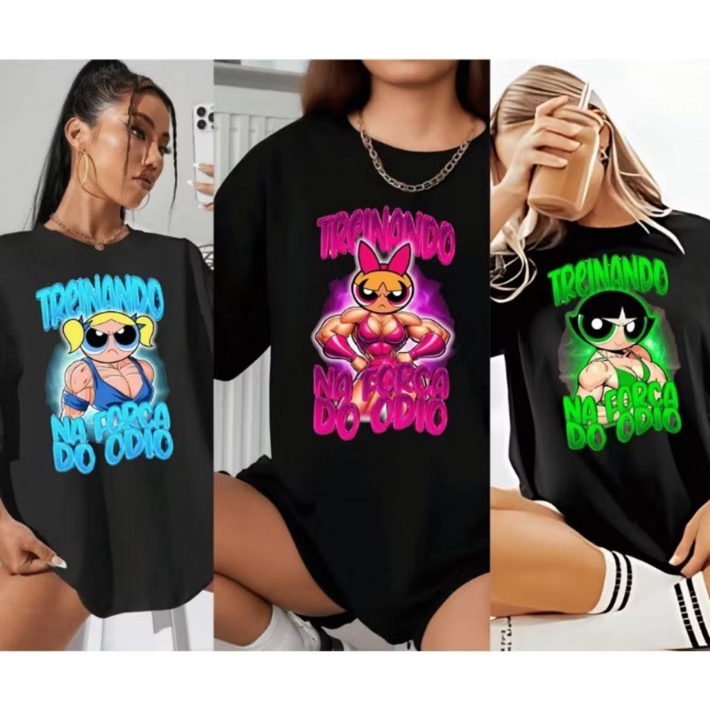blusa feminina de treino preta estampada em kit com 3 camisetas de algodão