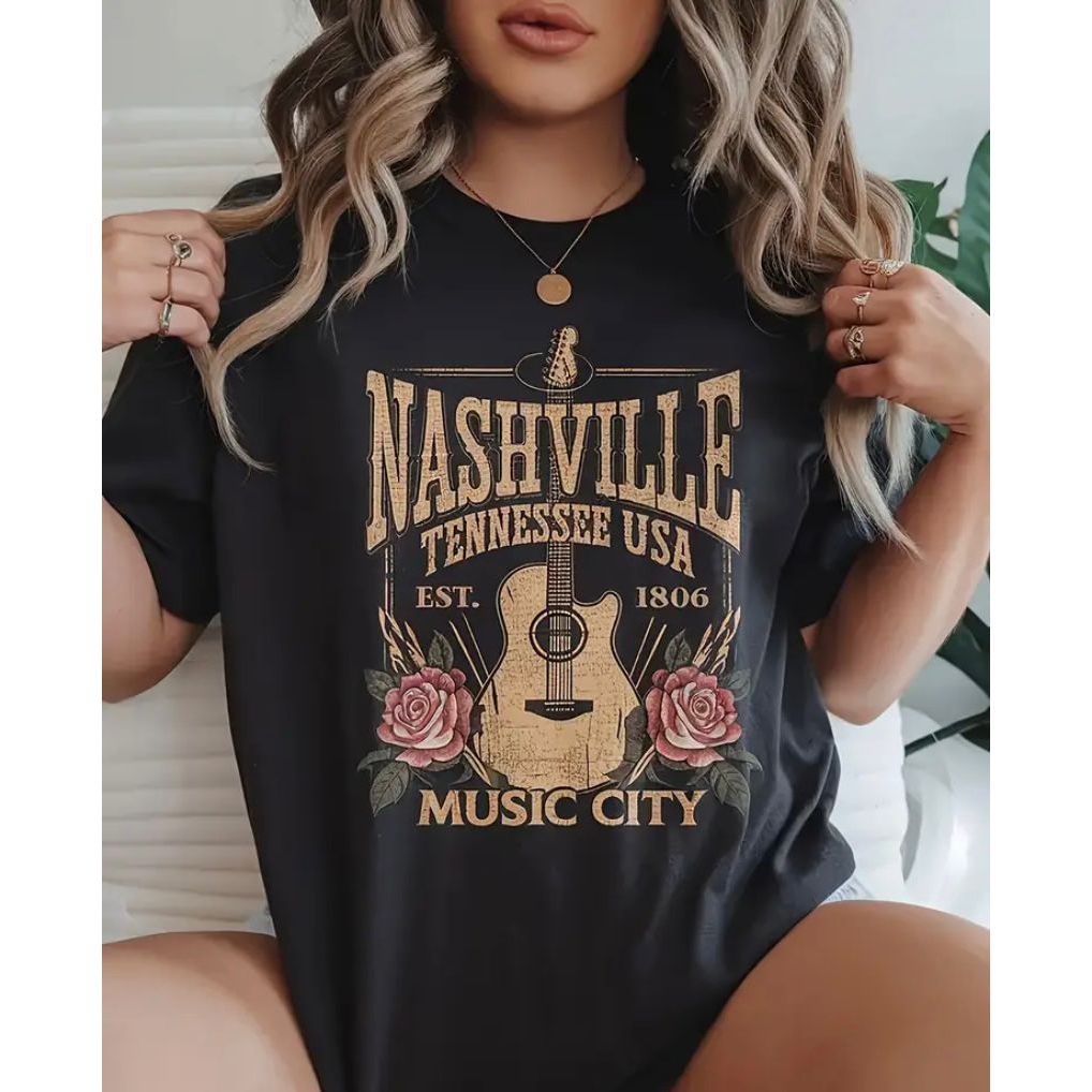 blusa feminina Nashville estilo country rock em algodão com estampa casual