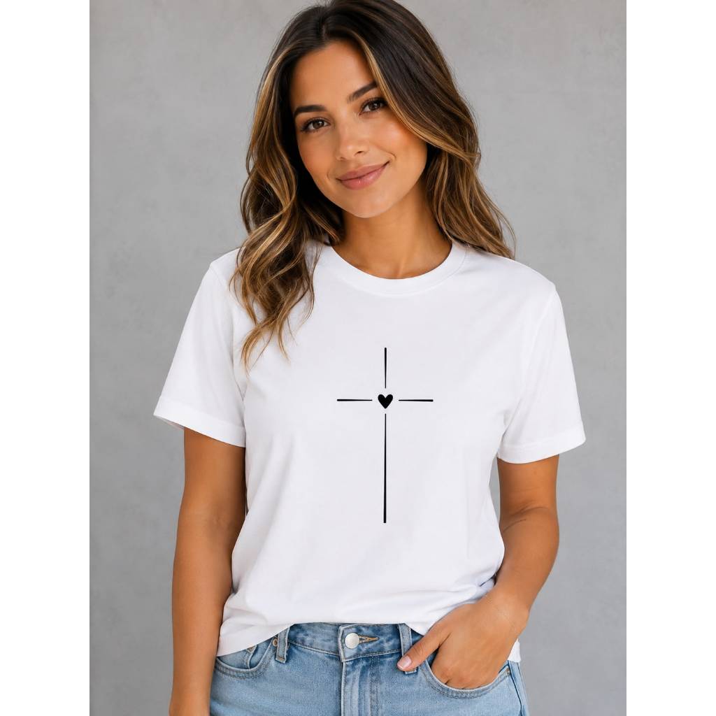 blusa feminina T-shirt Cruz Coração Confortável 100% Algodão
