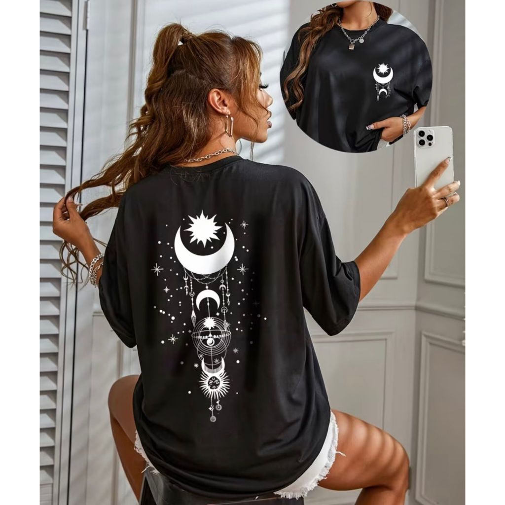 blusa feminina preta estampada lua estrela vintage 100% algodão premium