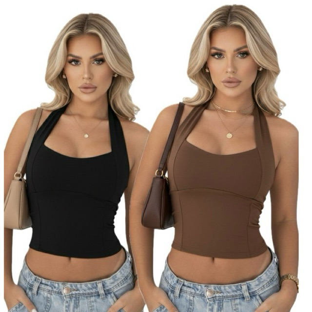 Blusas feminina halter cropped do kit 2 top halter com frente única e costas nuas para verão 2026