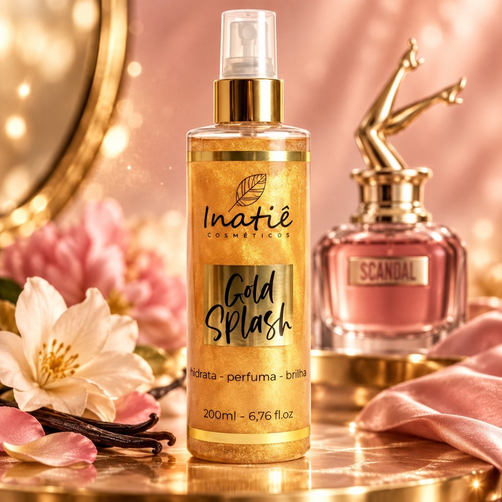 body splash brilho corporal e capilar doce floral inspiração Scandal 200ml com glitter dourado
