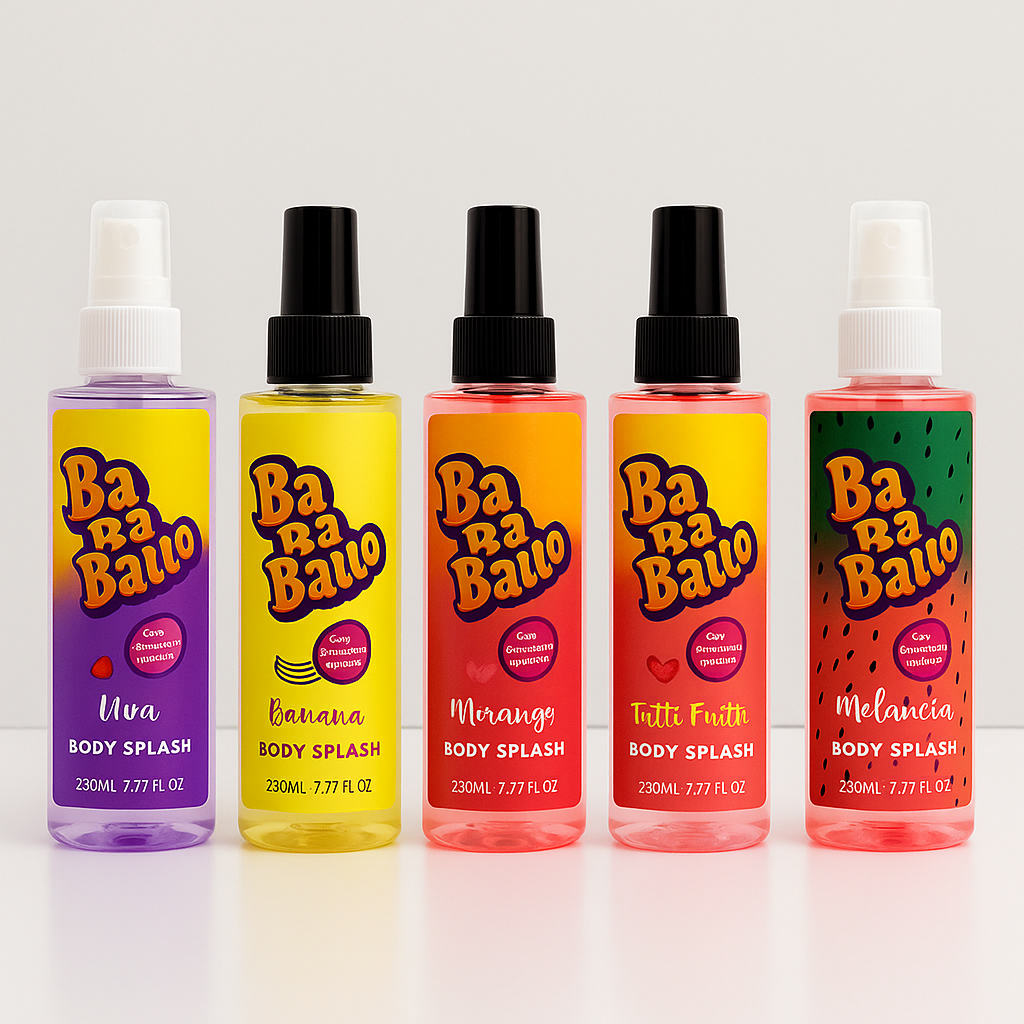 Body splash kit 5 sabores Tuti Frut com melancia, banana, uva e morango