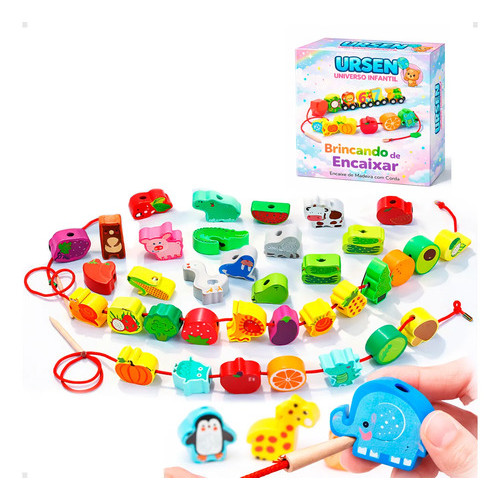 brinquedo educativo Montessori de alinhavo com peças coloridas para coordenação motora