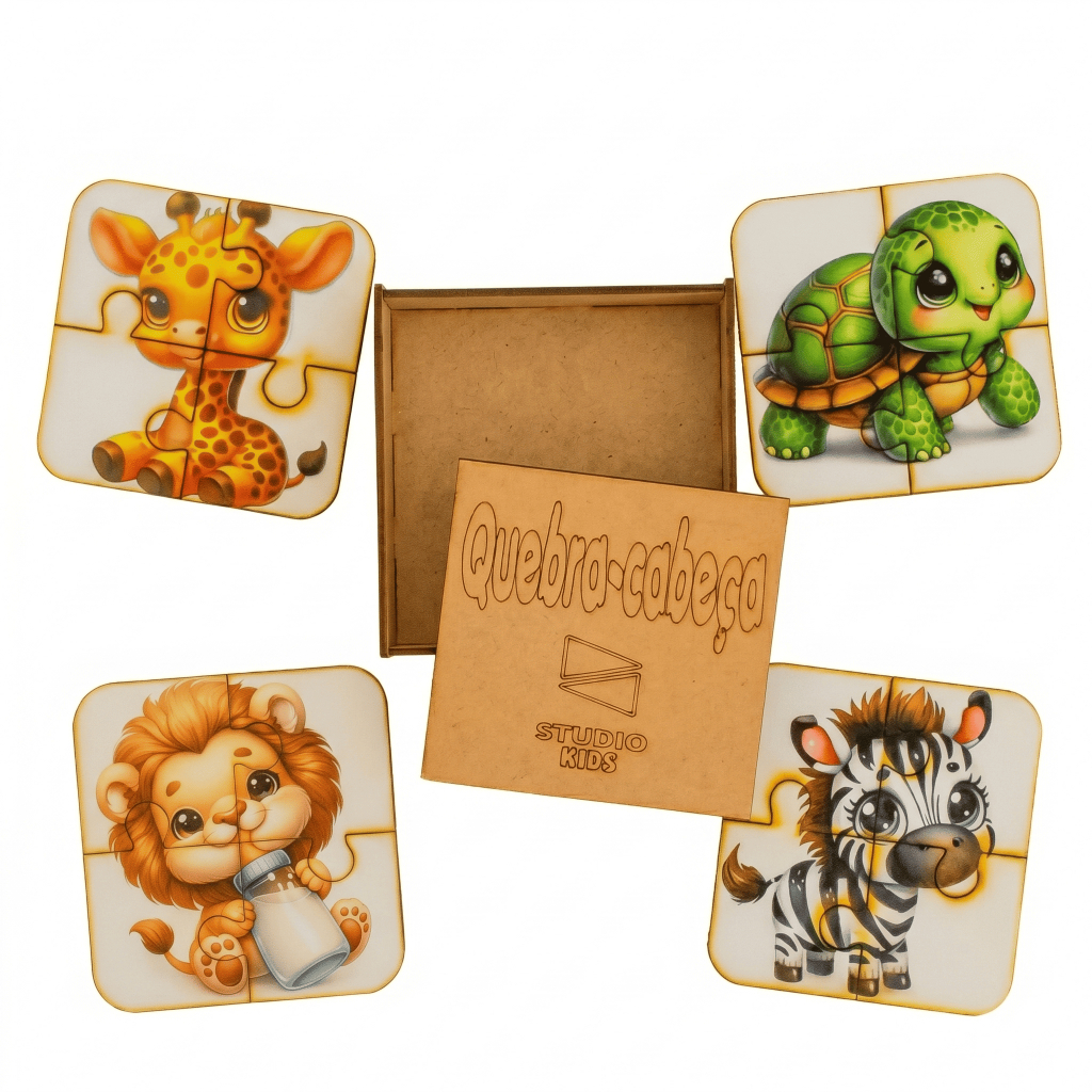 brinquedo infantil Kit 4 Quebra Cabeças MDF Baby Zoo com animais leão zebra girafa tartaruga