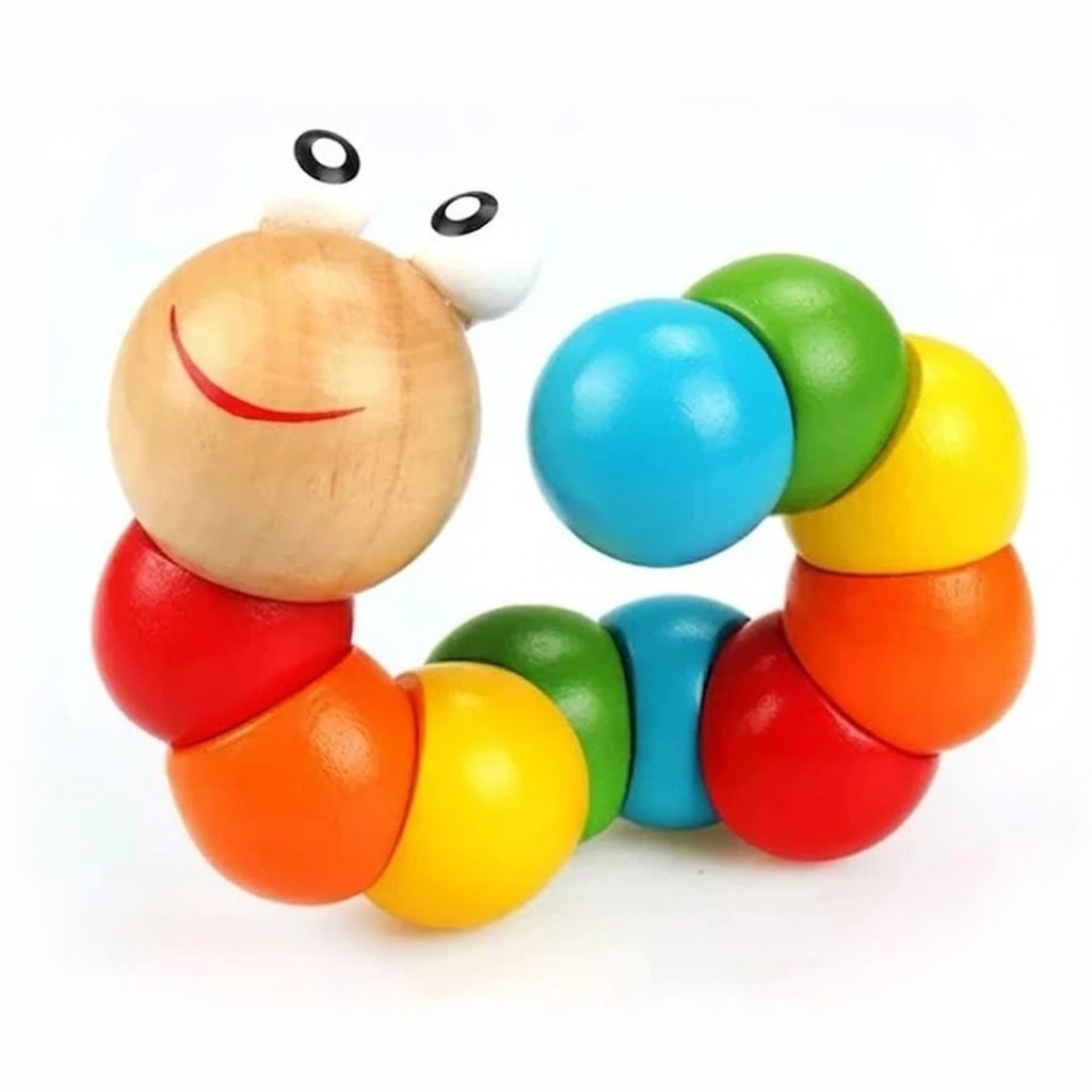 brinquedo infantil Montessori minhoca colorida de madeira articulada para coordenação motora