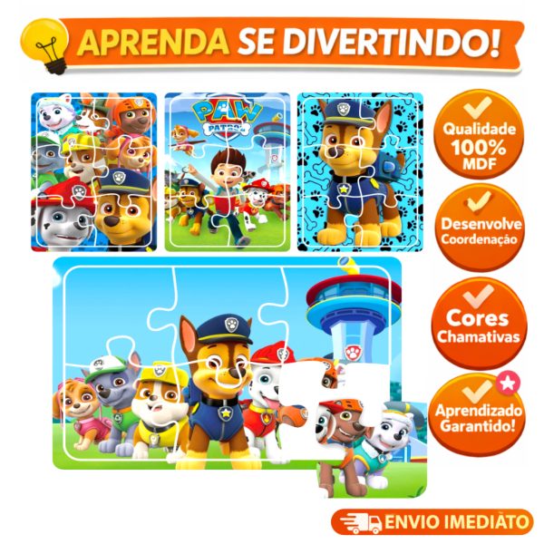 brinquedo infantil kit 4 jogos quebra cabeça educativo Patrulha Canina em madeira