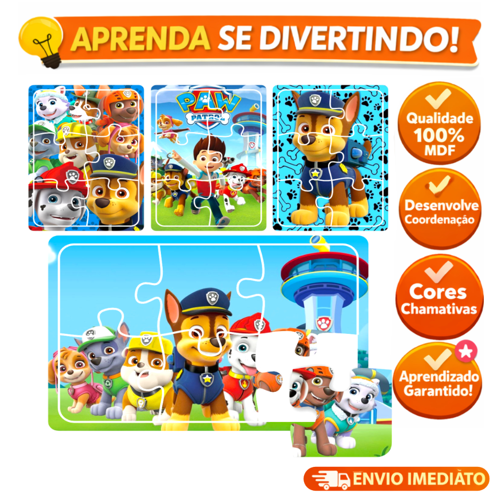 brinquedo infantil kit 4 jogos quebra cabeça educativo Patrulha Canina em madeira