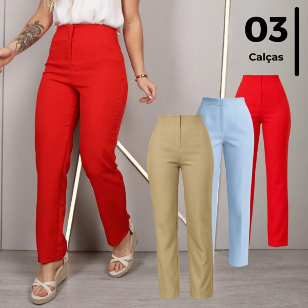 Calça feminina de alfaiataria cintura alta reta sem bolsos em lote com 3 unidades