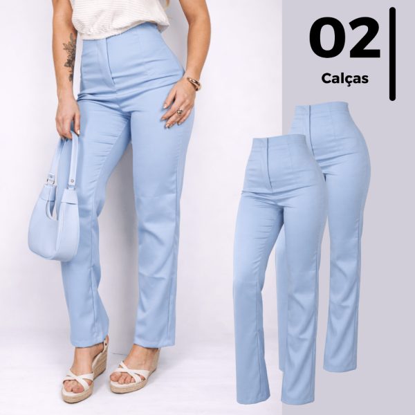 Calca feminina de alfaiataria cintura alta reta sem bolsos em kit com 2 peças
