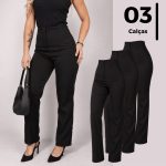 Calça feminina de alfaiataria reta cintura alta sem bolsos em combo com 3 unidades várias cores