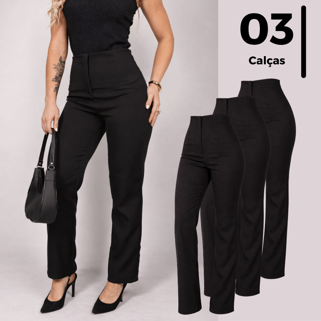 Calça feminina de alfaiataria reta cintura alta sem bolsos em combo com 3 unidades várias cores
