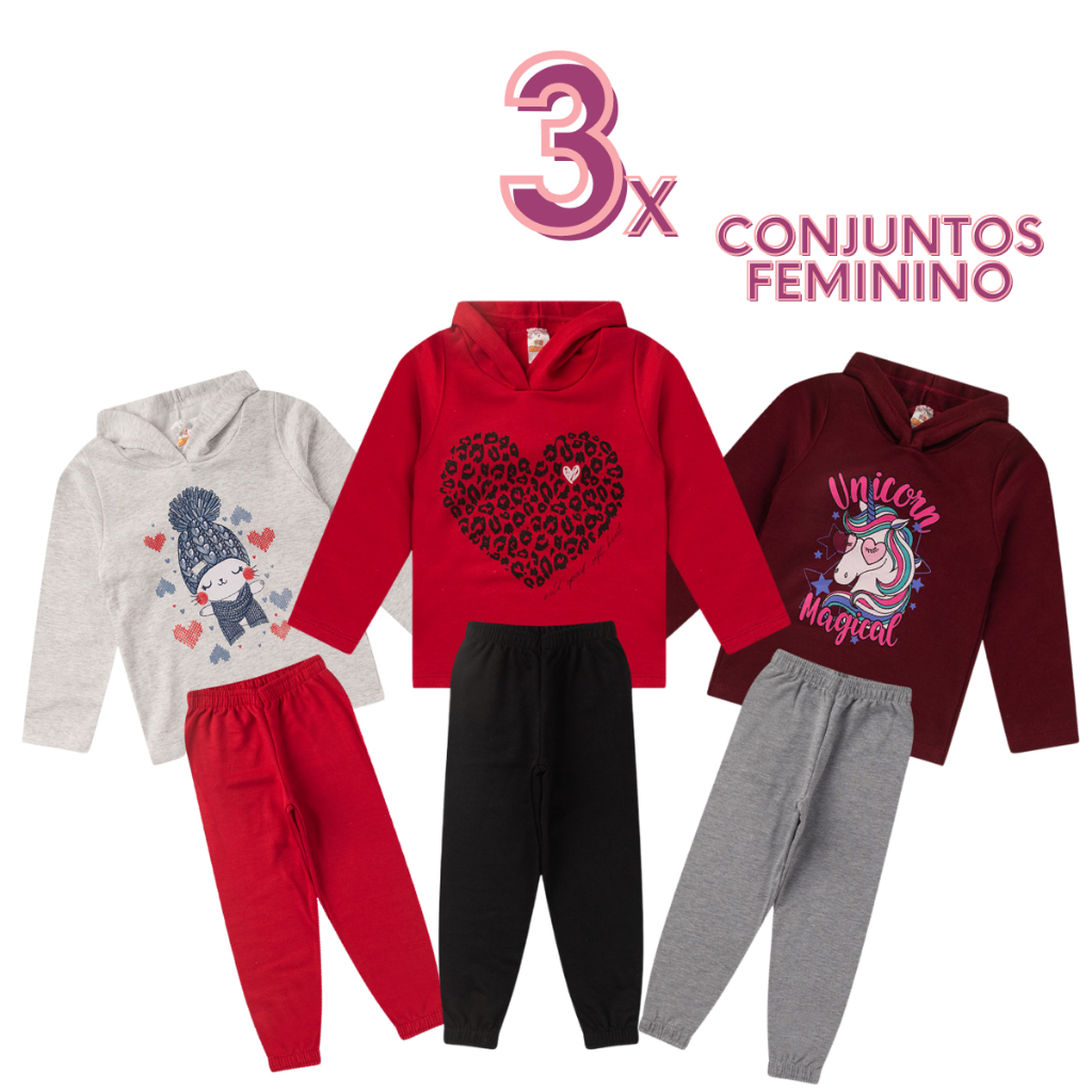 calca feminina infantil em kit 3 conjuntos de moletom peluciado para inverno