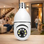 camera seguranca 360º WiFi com design de lâmpada giratória e monitoramento em tempo real