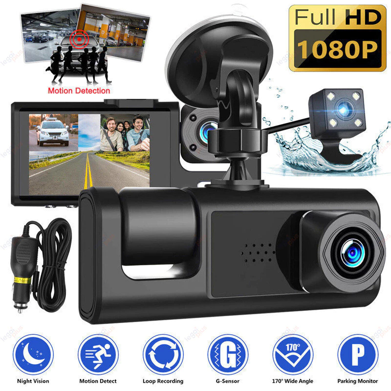 Câmera veicular full hd 1080p com 3 lentes frontal interna e traseira e tela LCD