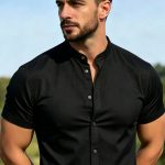 Camisa social masculina gola padre slim fit manga curta tecido crepe premium