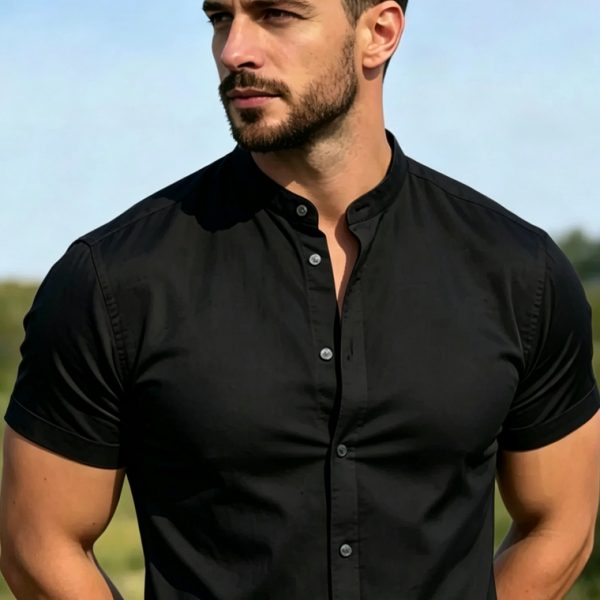 Camisa social masculina gola padre slim fit manga curta tecido crepe premium