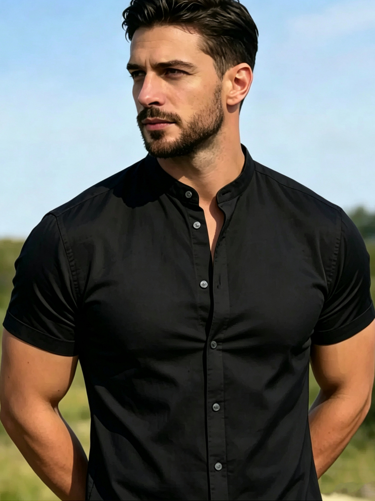 Camisa social masculina gola padre slim fit manga curta tecido crepe premium