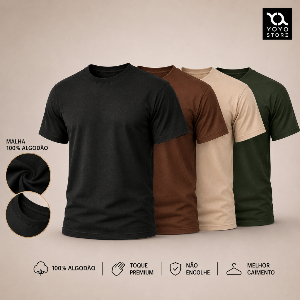 camiseta dia dia 100% algodão kit 4 unidades básica premium várias cores lisa confortável