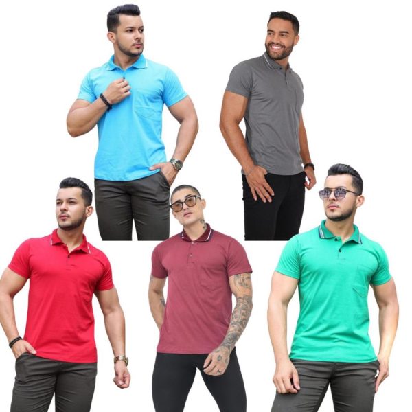 camiseta masculina Kit 5 Polo Fio 30 com bolso algodão manga curta