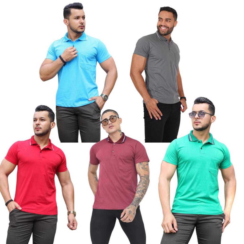 camiseta masculina Kit 5 Polo Fio 30 com bolso algodão manga curta