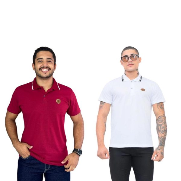 Camiseta masculina polo fio 30 bordada algodão manga curta kit 2