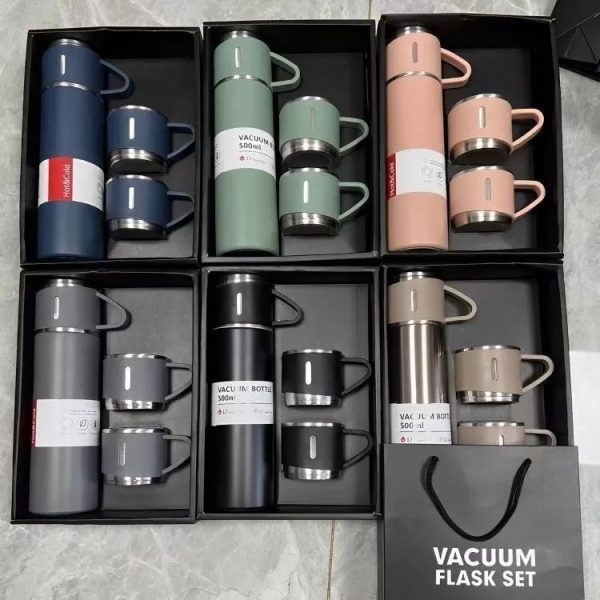 Caneca garrafa térmica vacuum 500ml inox com 3 xícaras para bebidas quentes ou frias