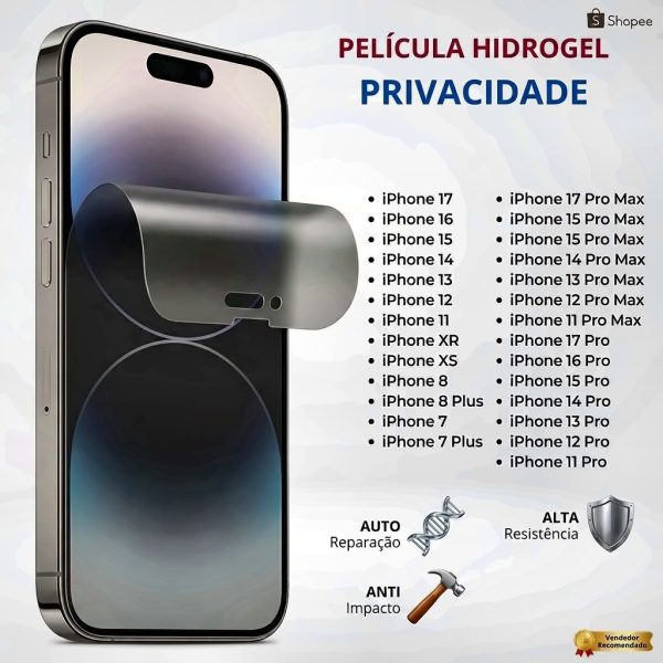 capinha iphone silicone com película de privacidade hidrogel para iPhone 11 ao 17 Pro Max