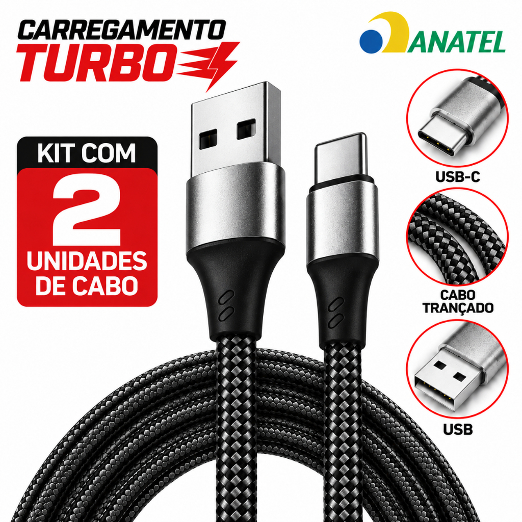 Carregador celular Kit 2 Cabos Tipo C 6A 120W Turbo 2 Metros Reforçado Premium Original