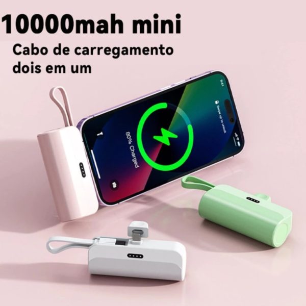 Carregador mini power bank 10000mAh sem fio 2em1 portátil para iPhone e Tipo-C