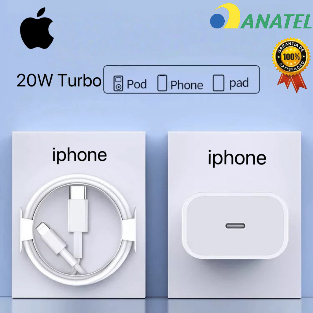 Carregador para iPhone 11 original 20W PD turbo rápido com cabo Tipo C Lightning incluso