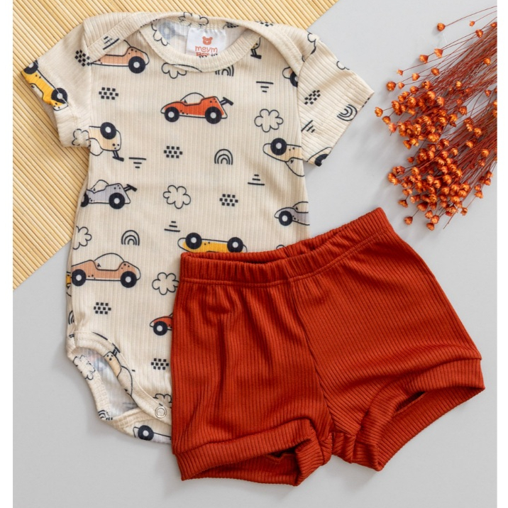 carrinho bebe no body estampado do Conjunto Bebê Canelado Infantil Verão com short liso telha para menino