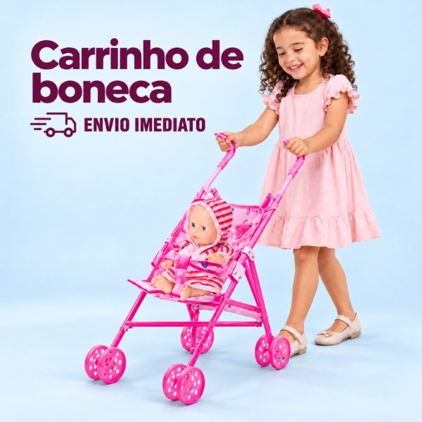 Carrinho de boneca infantil rosa com bebê reborn dobrável leve para menina passeio divertido