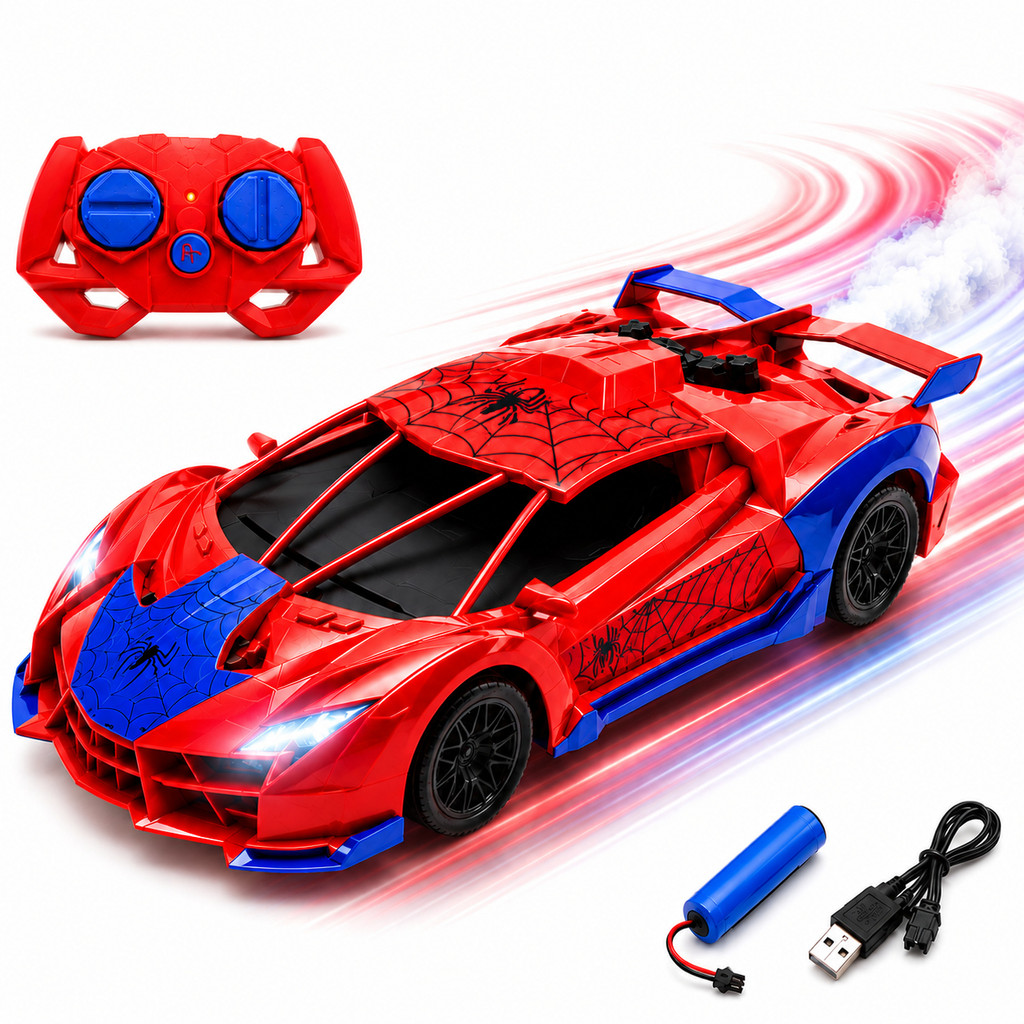 Carrinho de controle remoto solta fumaça recarregável LED Homem Aranha