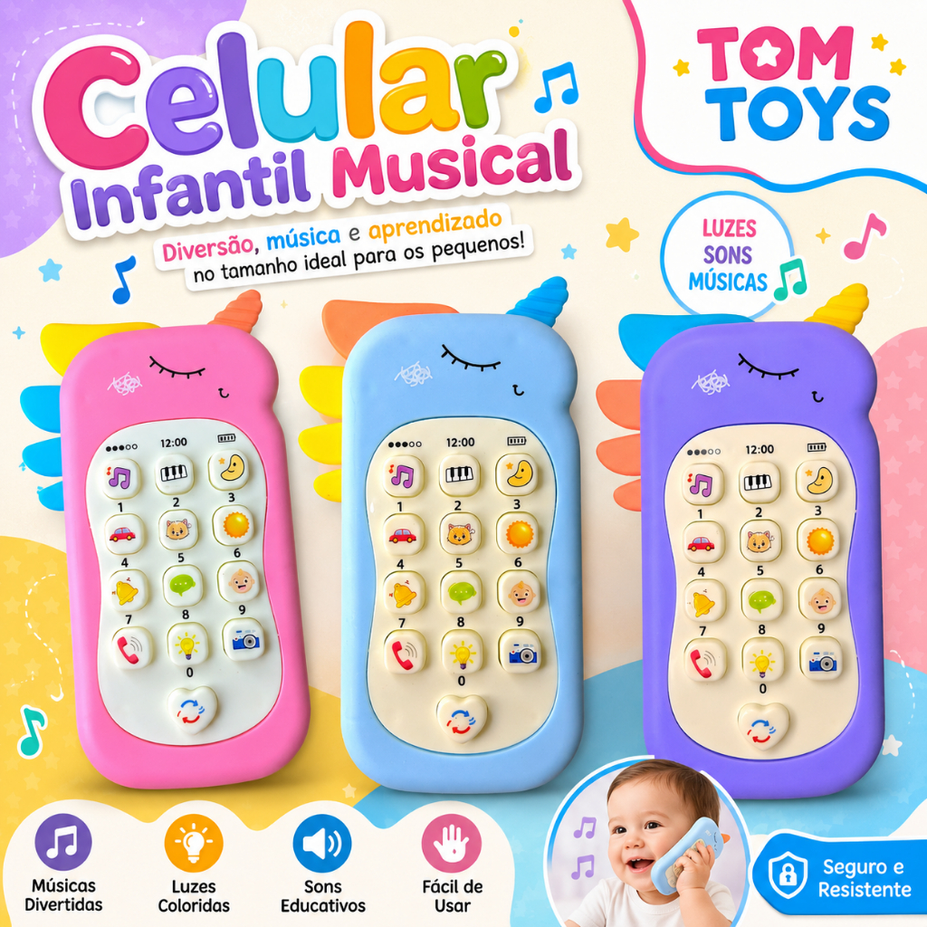 Celular infantil telefone interativo musical unicórnio e dinossauro para bebê