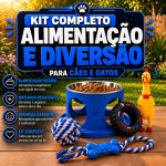 Comedouro pet anti-formiga elevado com tigela inox e kit de brinquedos mordedores para cães e gatos