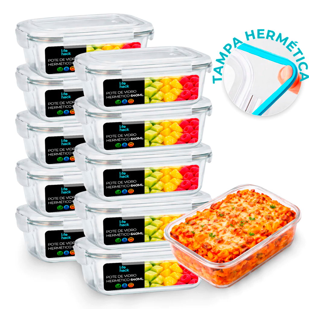 Conjunto 10 potes 370 vidro hermético para mantimentos e marmita fitness