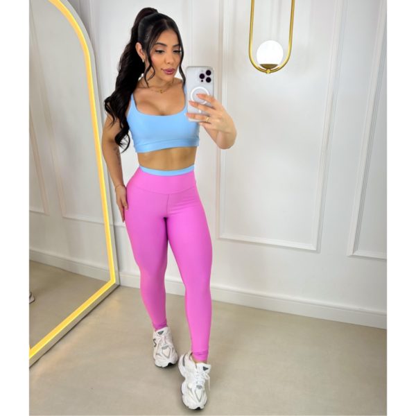 conjunto fitness calça legging e top com bojo feminino bicolor academia costura reforçada cós alto