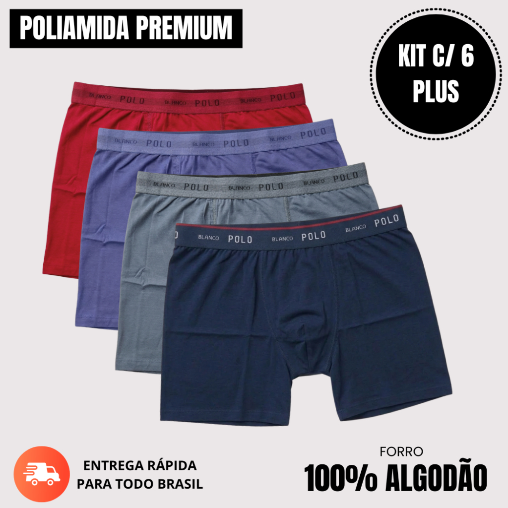 cueca masculina kit 6 boxer plus size XG XGG poliamida com forro de algodão