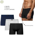 Cueca masculina kit 3 boxer algodão preto azul branco HeroBeach
